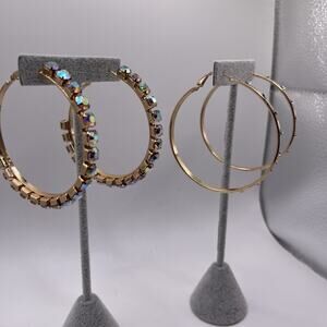 Large Hoop Earrings Gold Tone 1 With Crystal Rhinestones 1 With Aurora Borealis